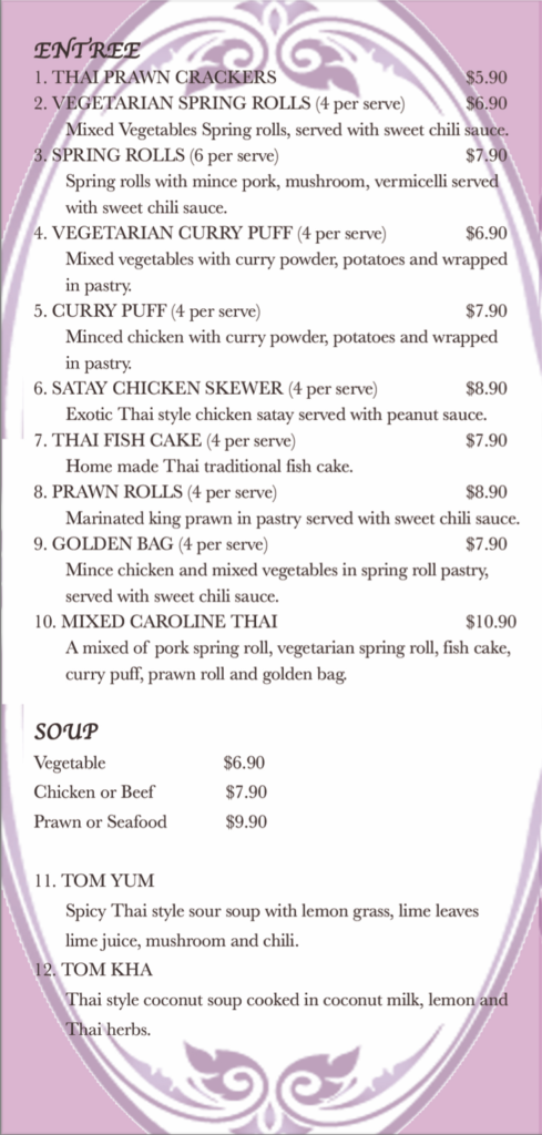 Take Away Menus - Caroline Thai Restaurant